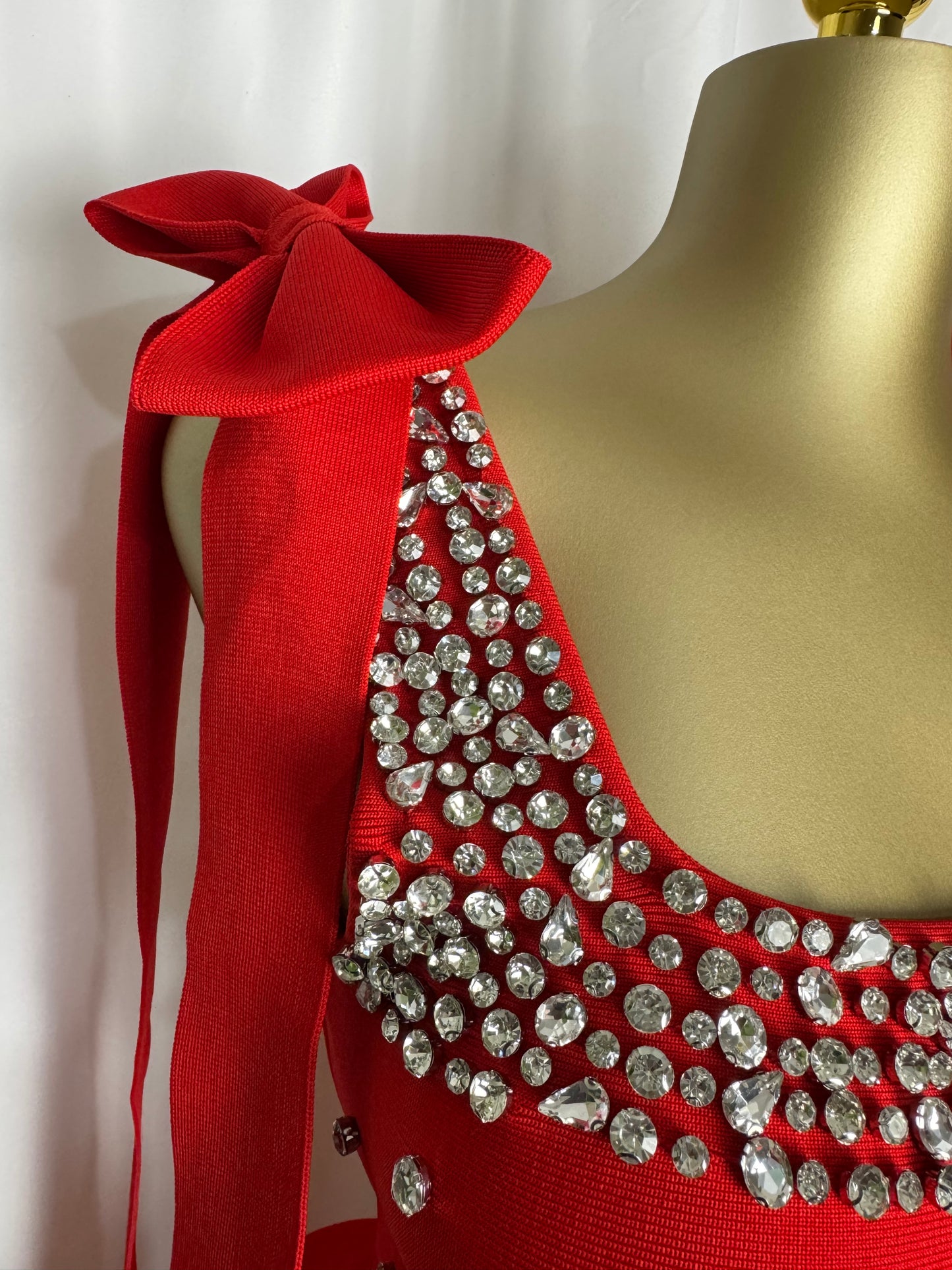 Midnight Crystal Bow-Shoulder Glam Dress