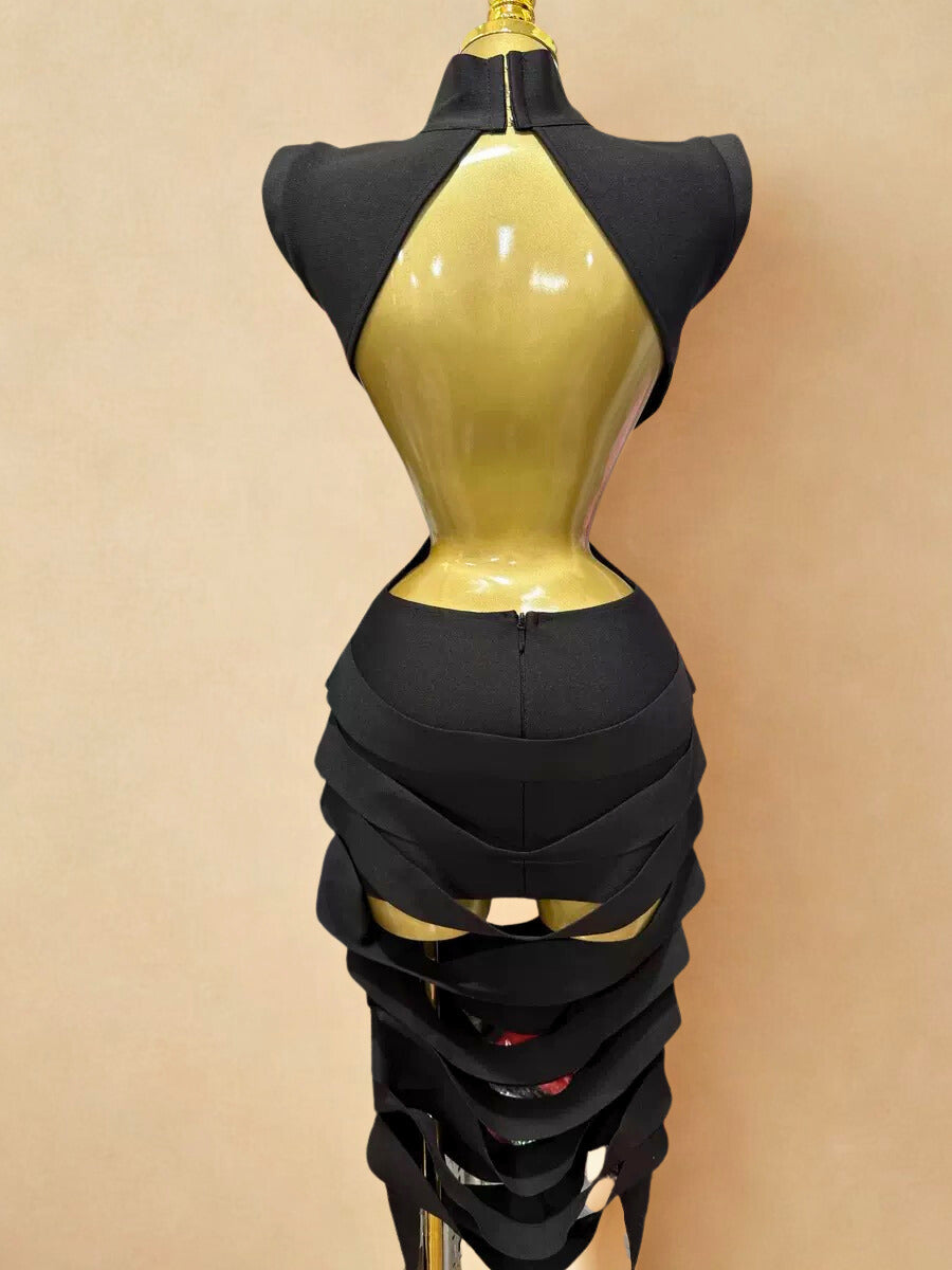 Sculpted Cut-Out Layered Black Dress