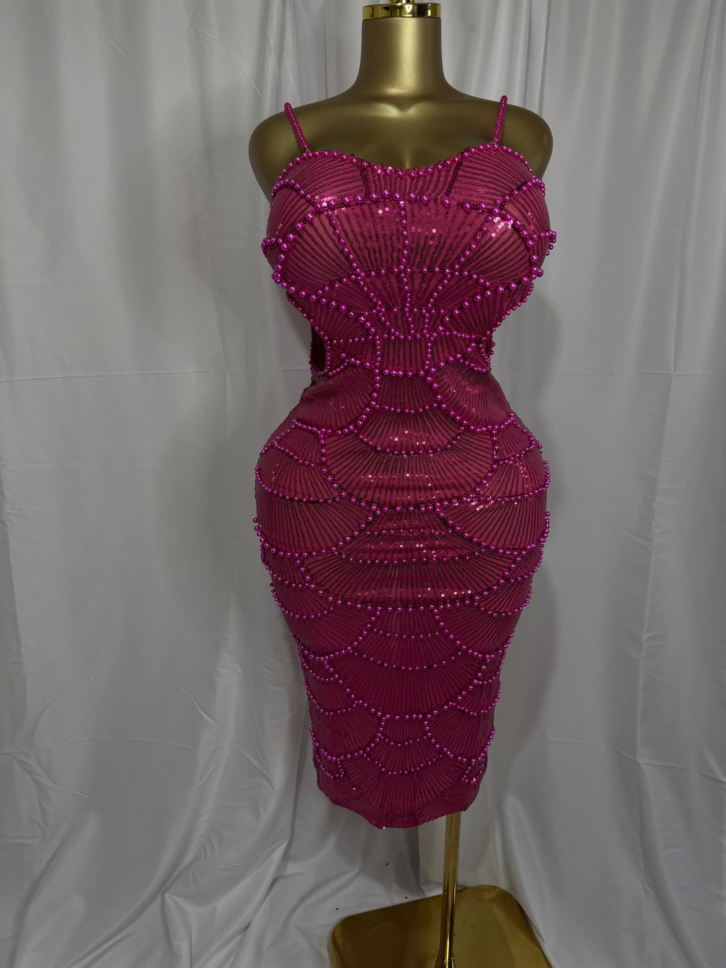 Radiant Rose Beaded Bodycon Midi Dress