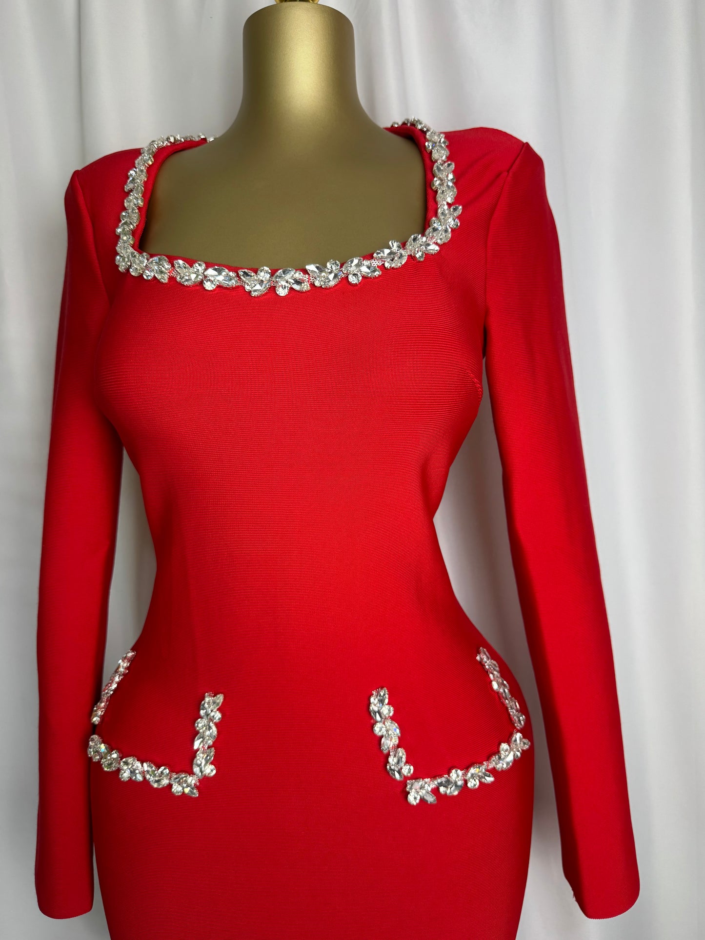 Crystal-Trim Scarlet Luxe Bodycon Dress