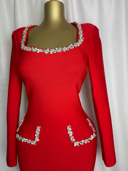 Crystal-Trim Scarlet Luxe Bodycon Dress