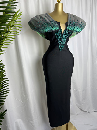 Women Luxury Designer Evening Dress Green Off Shoulder Pearls