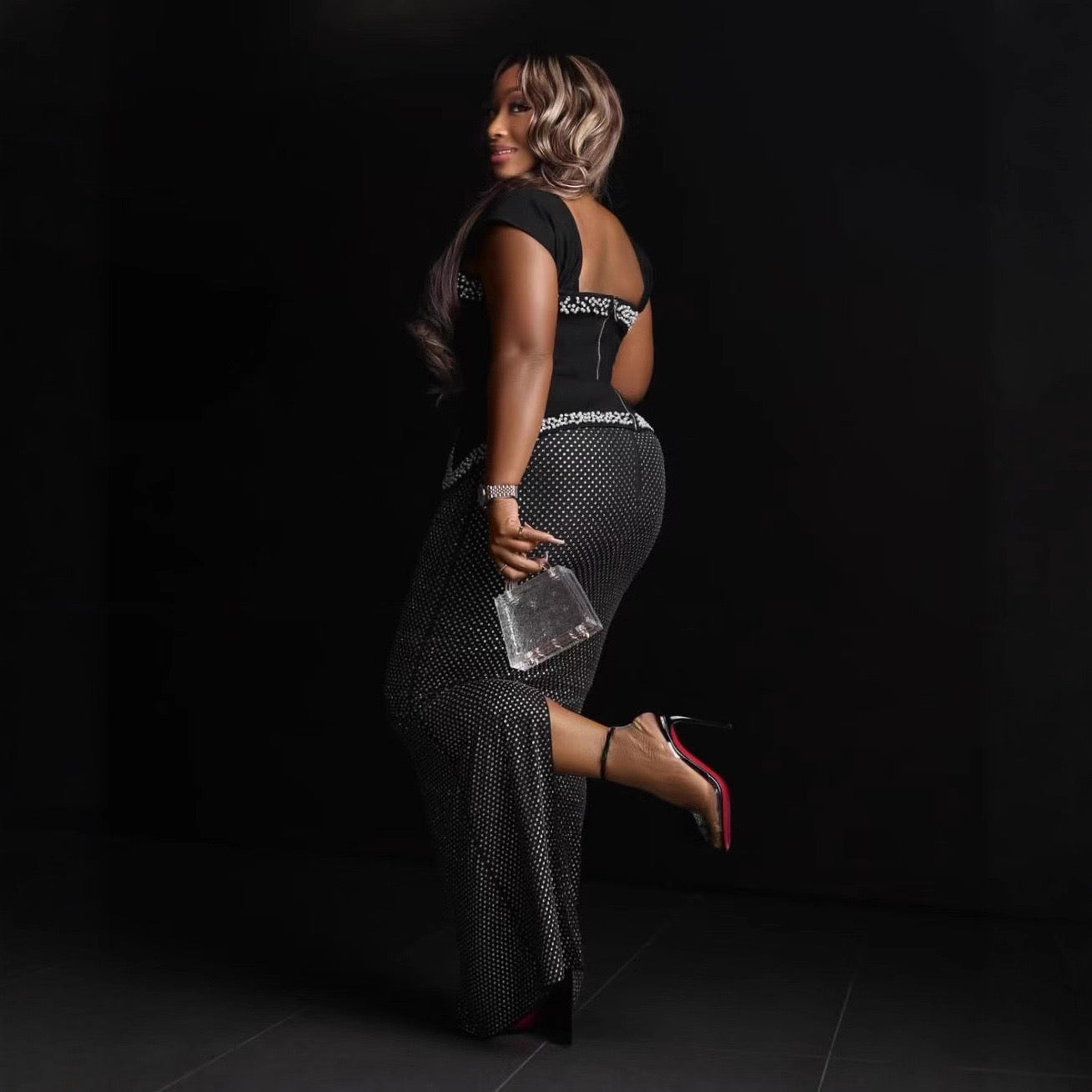 Women Glitter Pearls Top Rhinestones Long Skirt Sets Luxury Celebrity