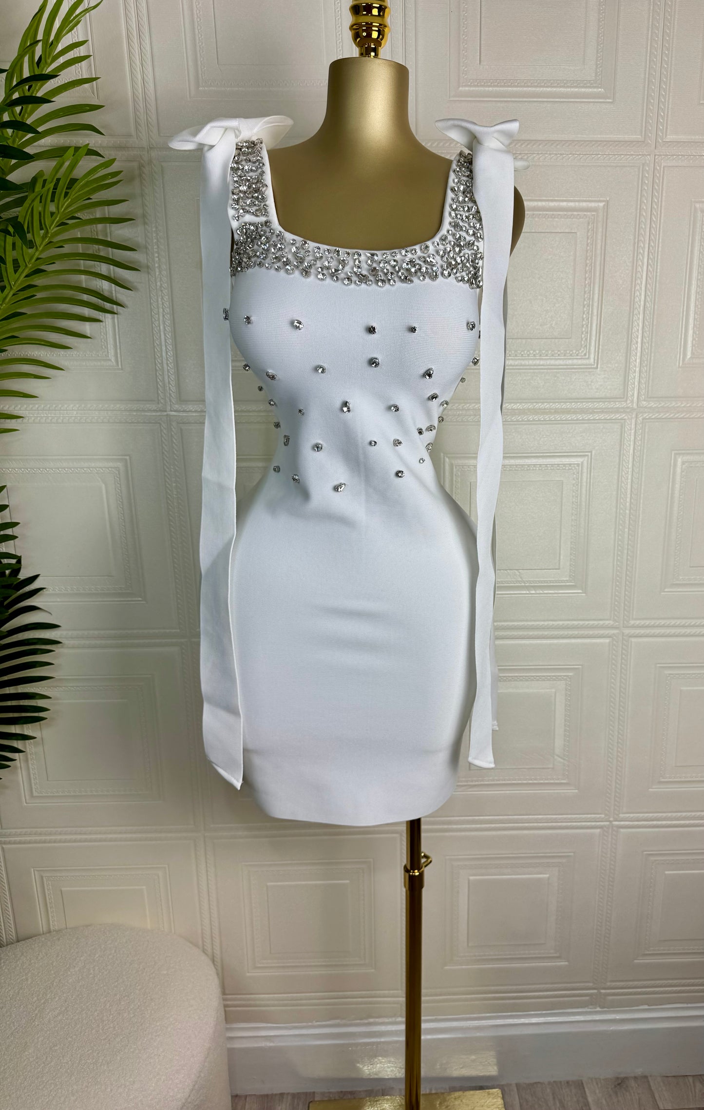 Scarlett Luxe Crystal-Studded Bow Shoulder Mini Dress White