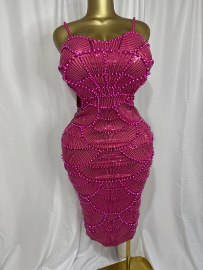 Radiant Rose Beaded Bodycon Midi Dress