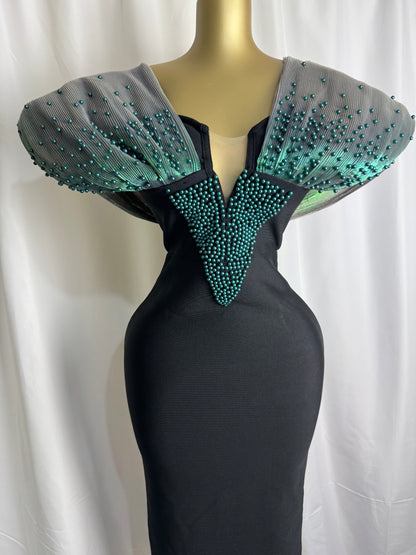 Women Luxury Designer Evening Dress Green Off Shoulder Pearls