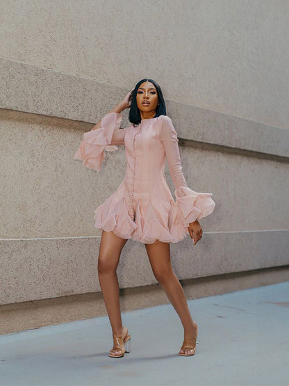 Buttoned Floral Bud Long Sleeve Slim Ruffle Dress