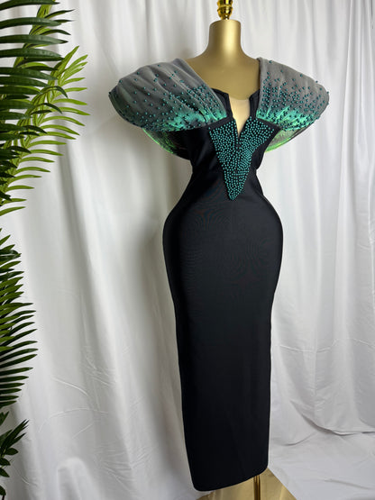 Women Luxury Designer Evening Dress Green Off Shoulder Pearls
