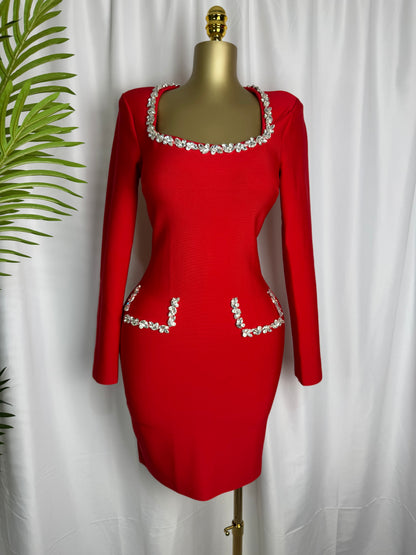Crystal-Trim Scarlet Luxe Bodycon Dress