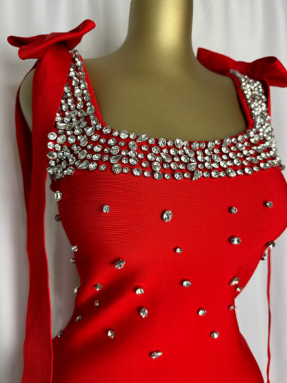 Midnight Crystal Bow-Shoulder Glam Dress