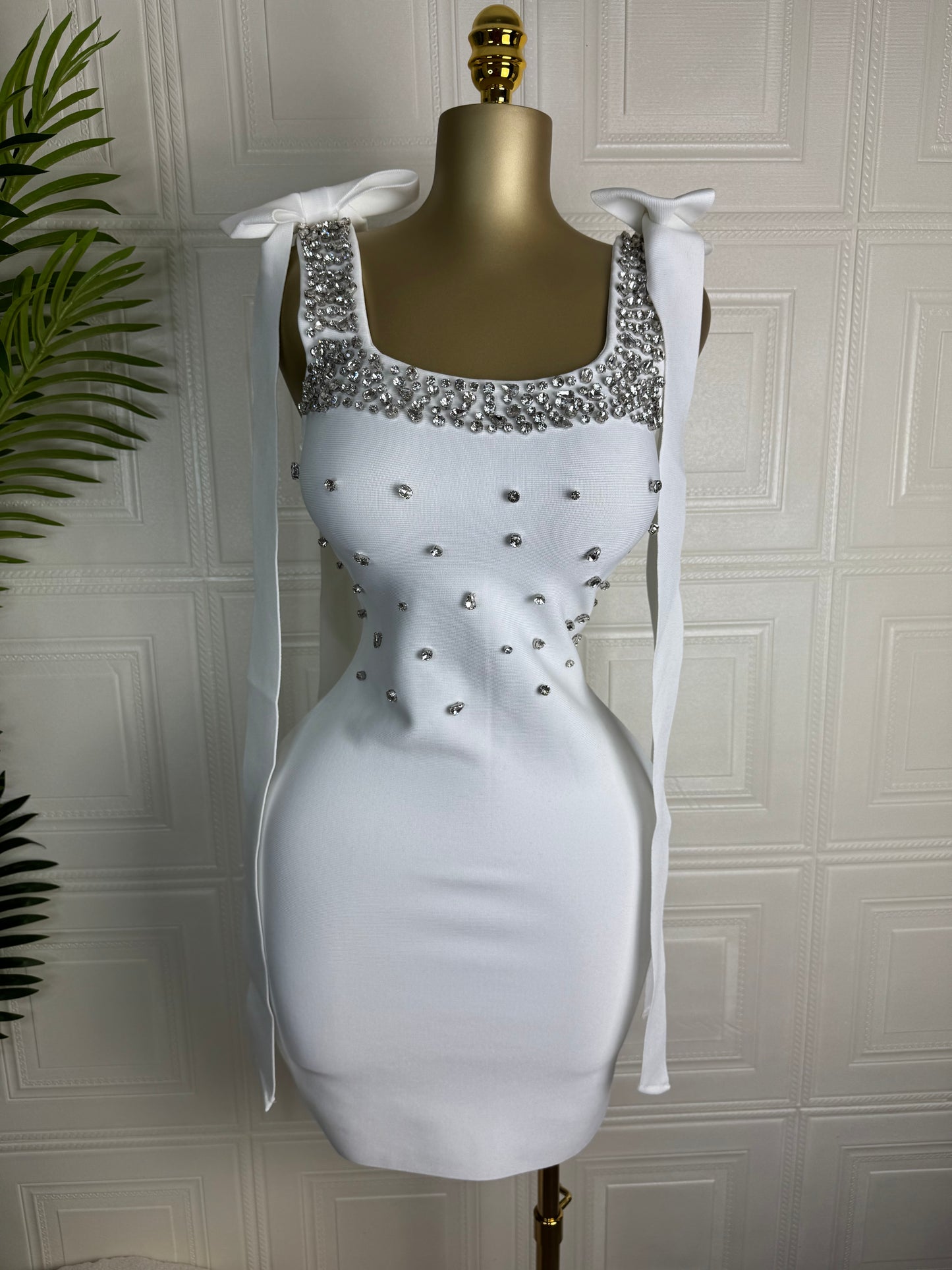 Scarlett Luxe Crystal-Studded Bow Shoulder Mini Dress White