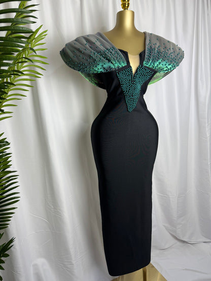 Women Luxury Designer Evening Dress Green Off Shoulder Pearls