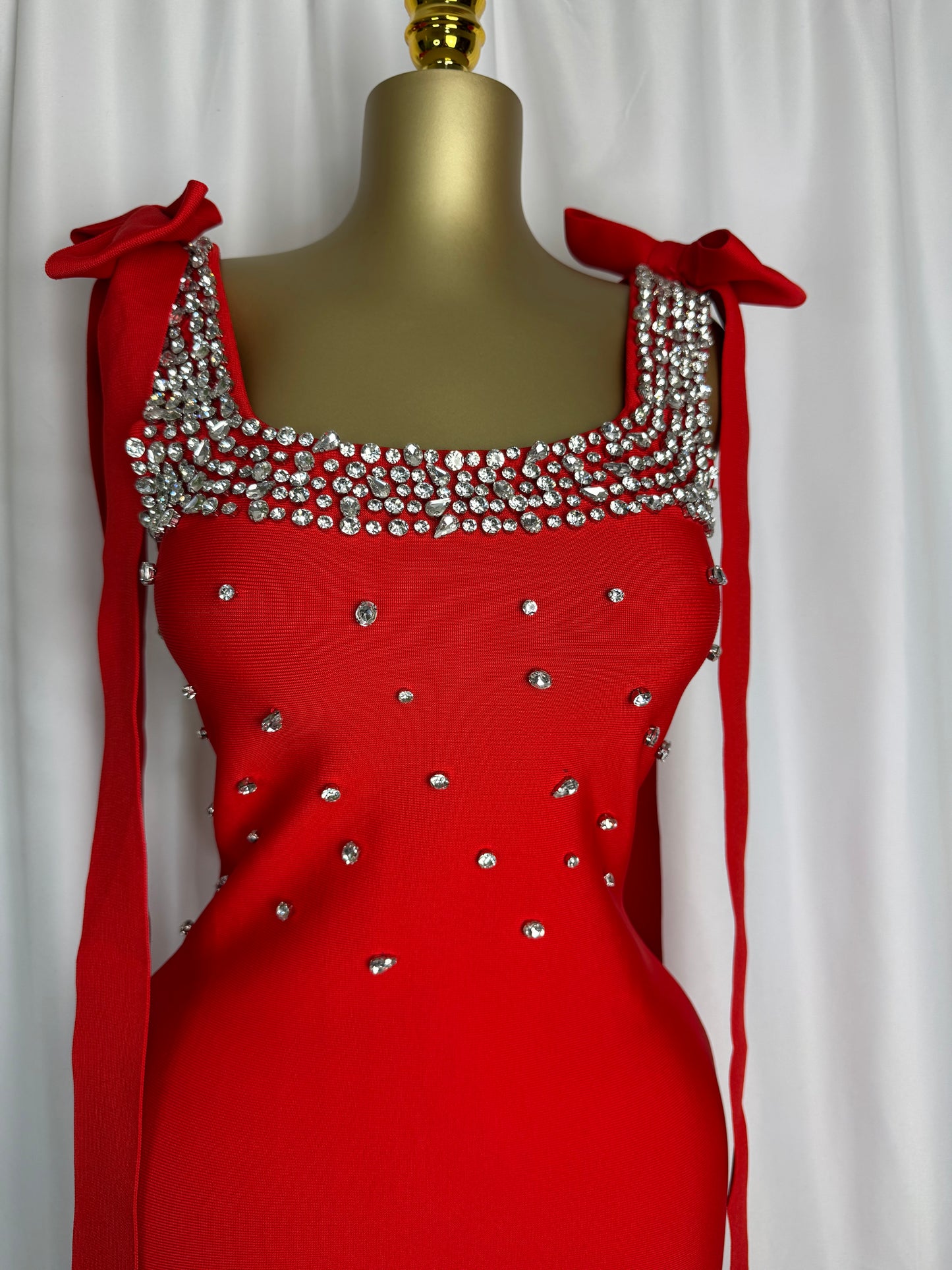 Midnight Crystal Bow-Shoulder Glam Dress