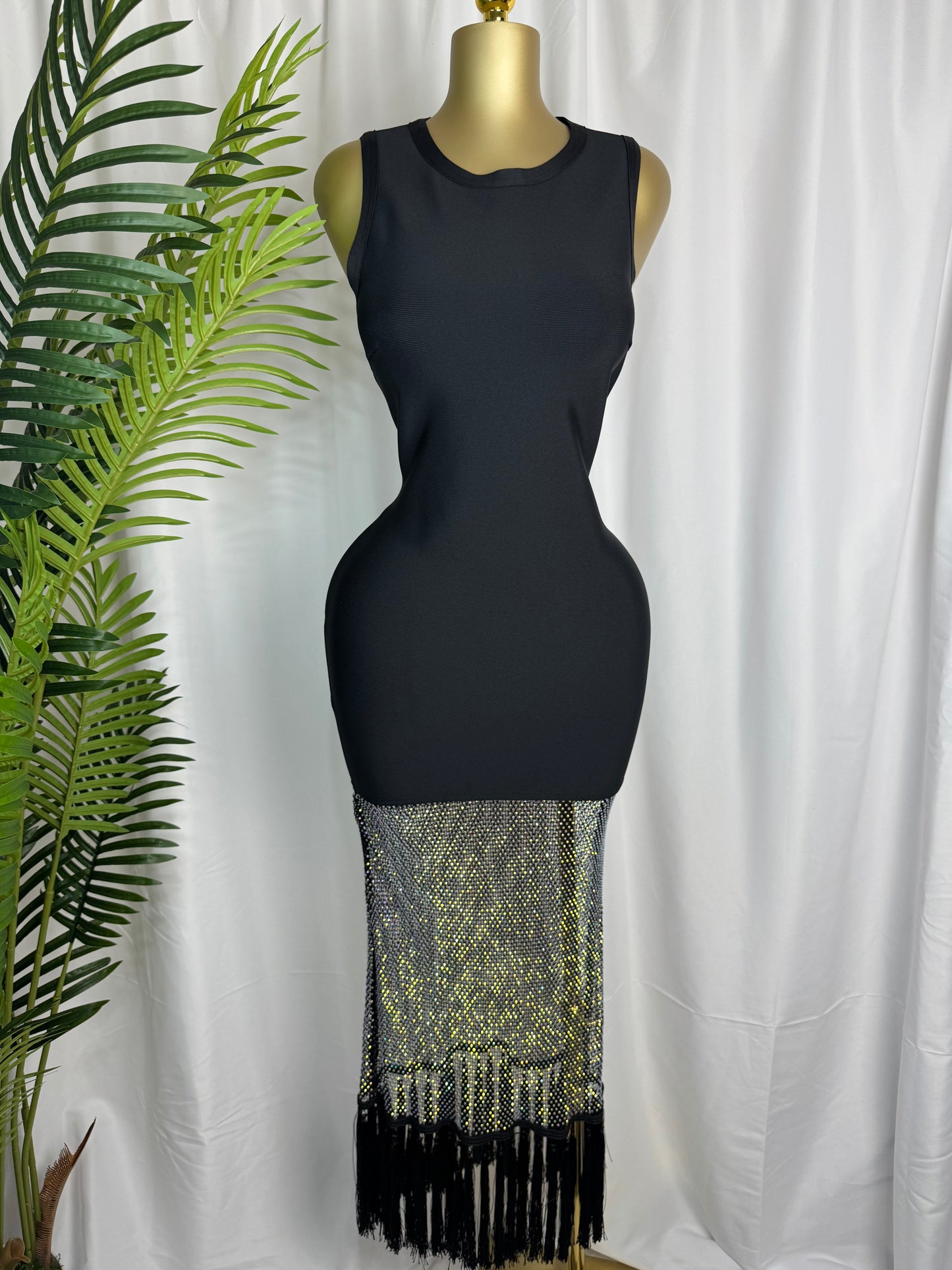 Midnight Glam Tassel Midi Dress