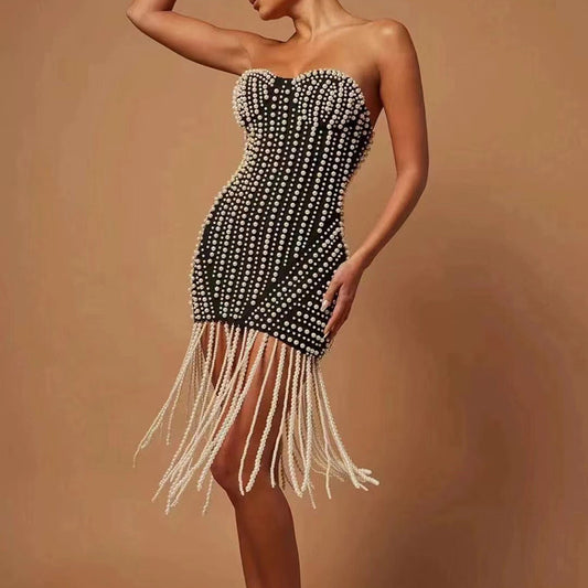 French Style Heavy Embellished Pearl Strap Mini Dress Women's Fashion Elegant Summer