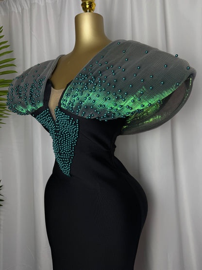 Women Luxury Designer Evening Dress Green Off Shoulder Pearls