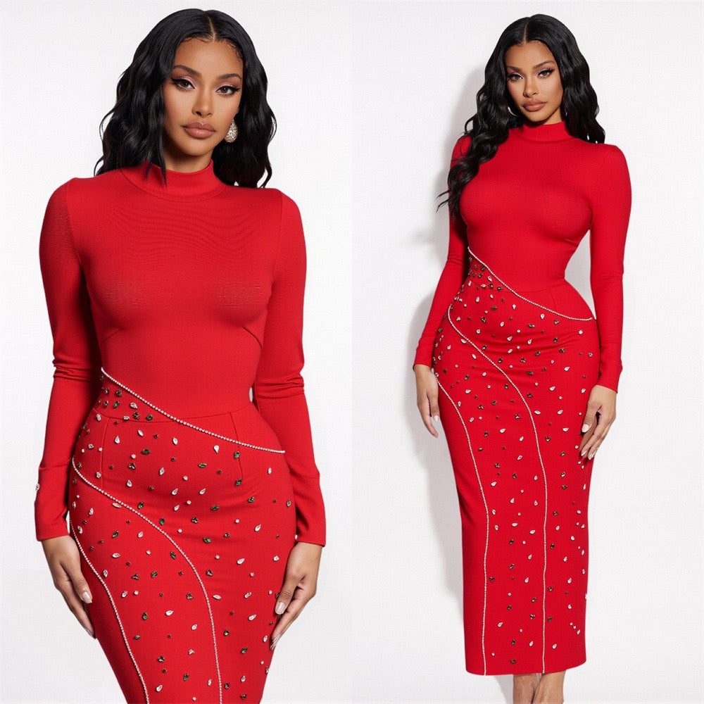 Women Black Long Sleeve Glitter Diamonds Bodycon Long Bandage Dress Celebrate Evening Party Elegant Luxury