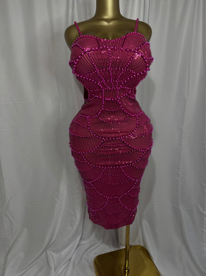 Radiant Rose Beaded Bodycon Midi Dress
