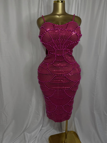 Radiant Rose Beaded Bodycon Midi Dress