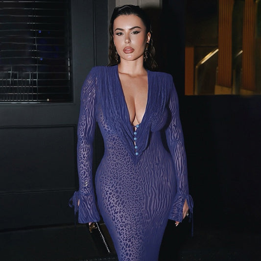 Ilyse V-Neck Plunge Animal Print Mermaid Hem Maxi Dress