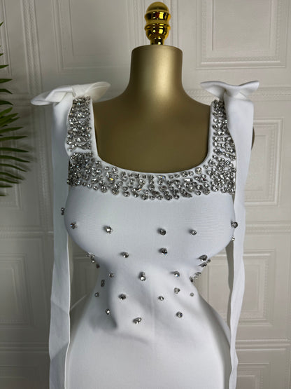 Scarlett Luxe Crystal-Studded Bow Shoulder Mini Dress White