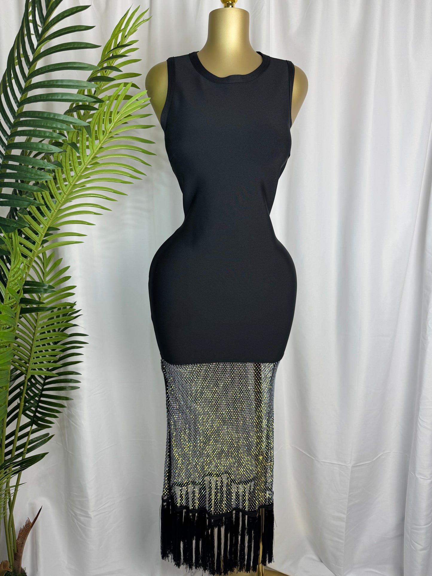 Midnight Glam Tassel Midi Dress