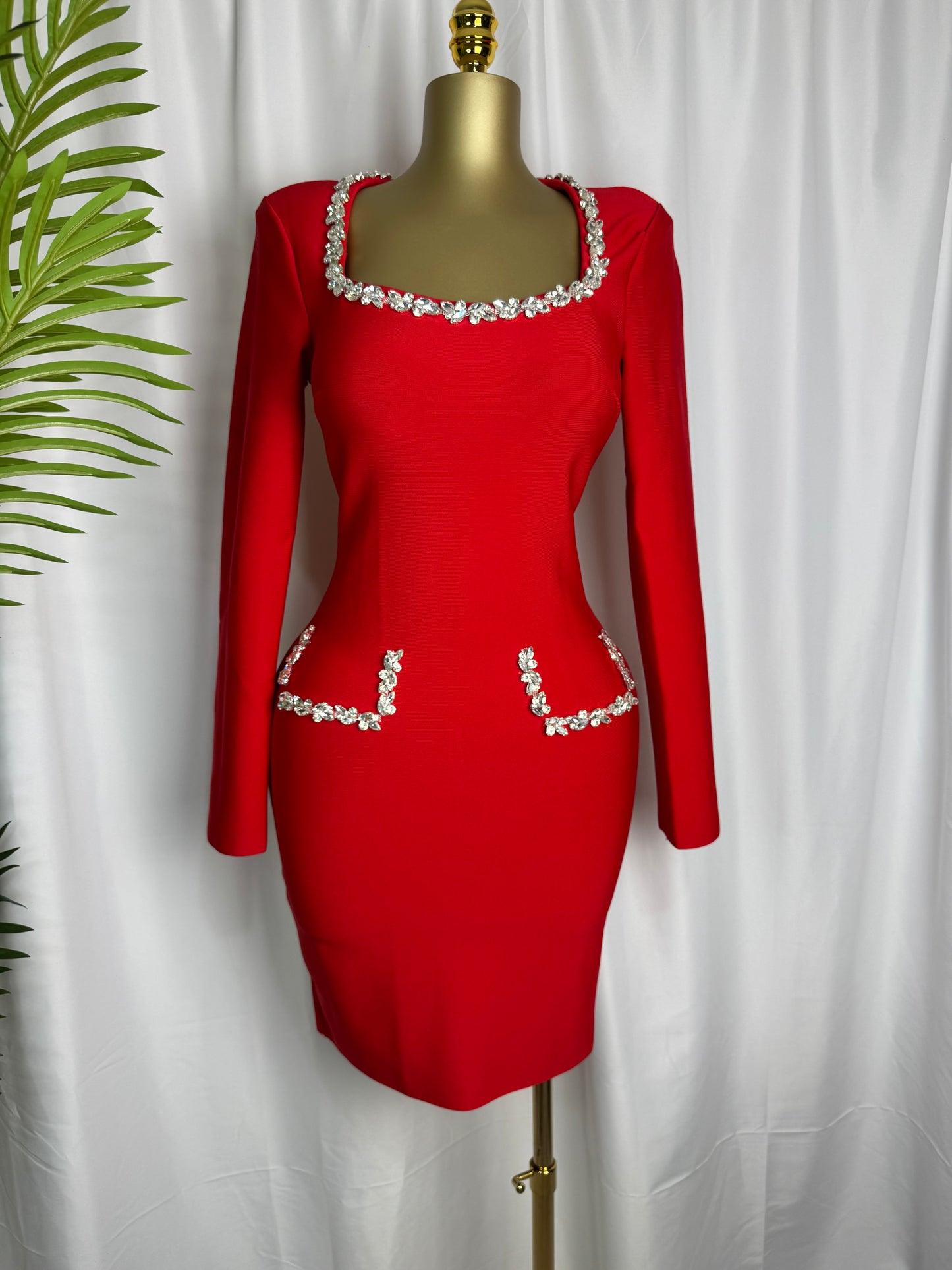 Crystal-Trim Scarlet Luxe Bodycon Dress