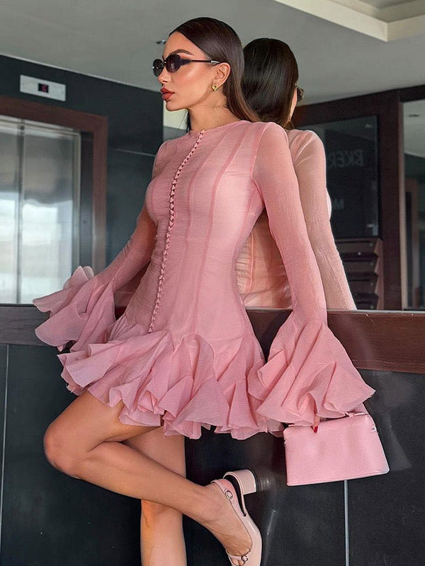 Buttoned Floral Bud Long Sleeve Slim Ruffle Dress