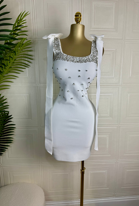 Scarlett Luxe Crystal-Studded Bow Shoulder Mini Dress White