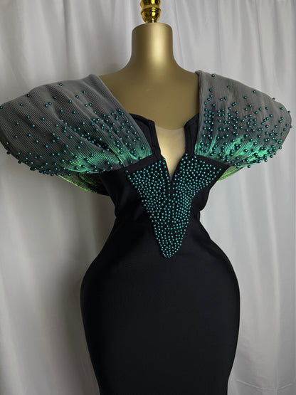 Women Luxury Designer Evening Dress Green Off Shoulder Pearls