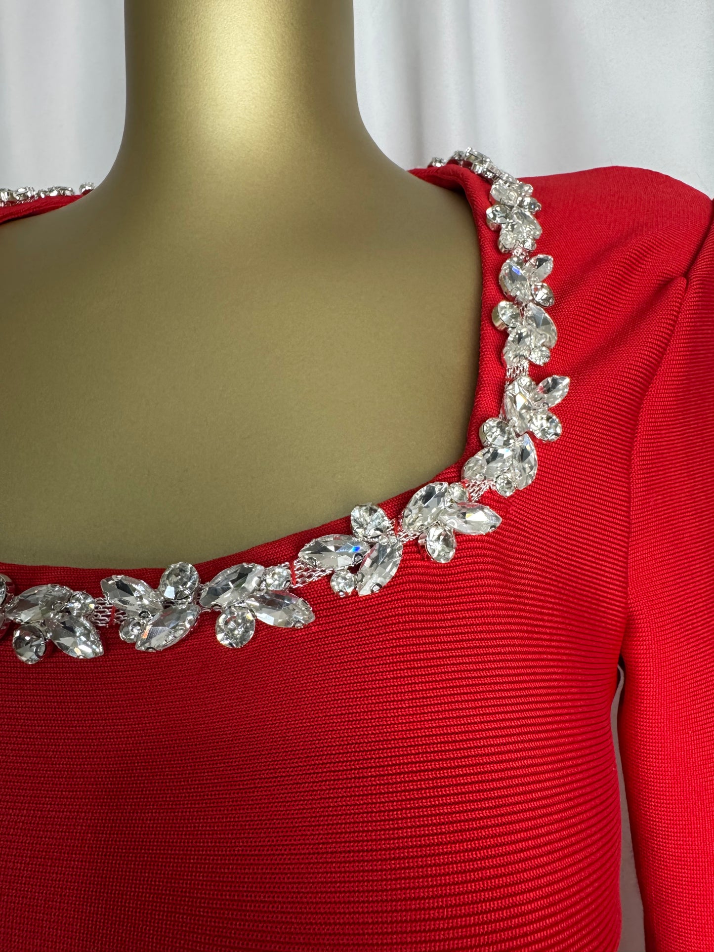 Crystal-Trim Scarlet Luxe Bodycon Dress